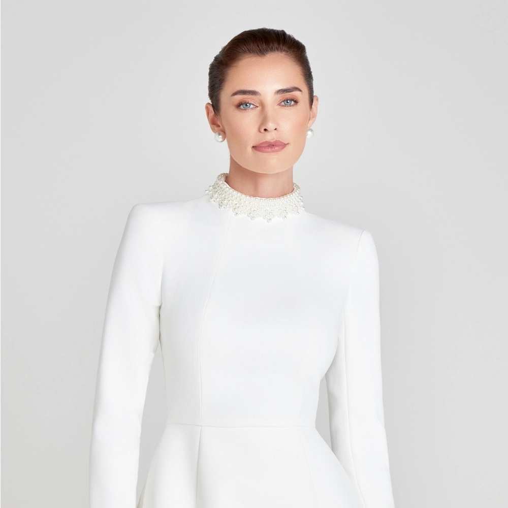 NADINE MERABI White Long Sleeve Dress with Pearl Details